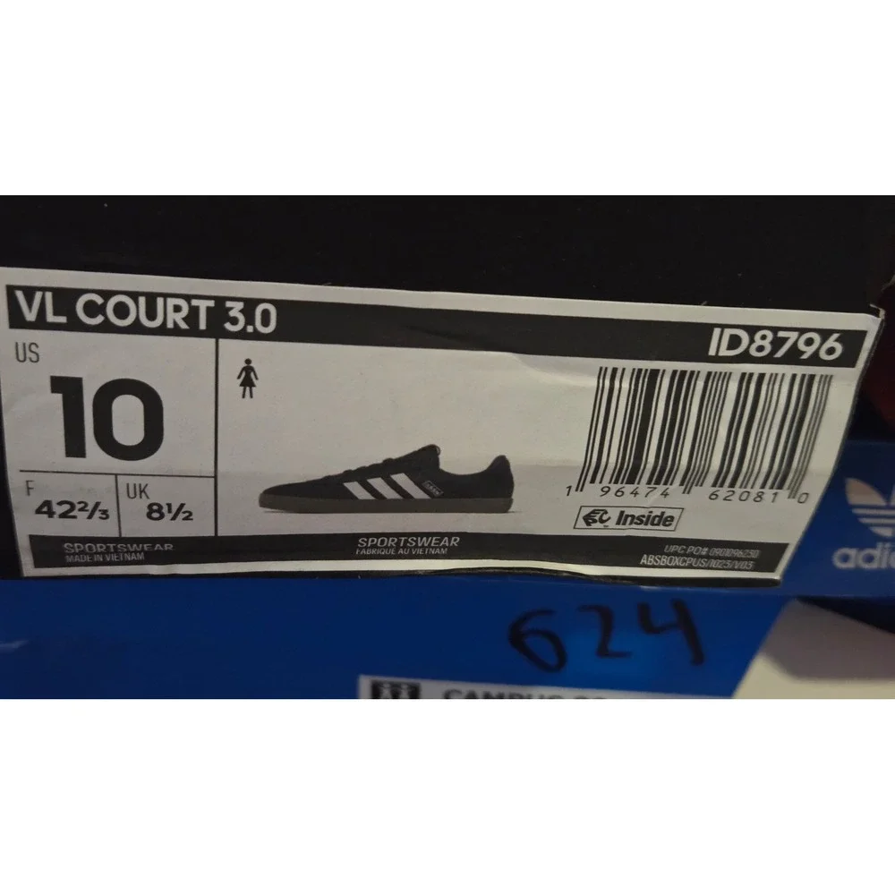 Adidas VL Court 3.0 Mens Black White Gum Leather Skate Shoes Size 10